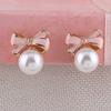GRACE JUN Gold Plated bow-knot shape Pearl Clip on Earrings No Pierced for Women Ear Clip (Pink) view 3