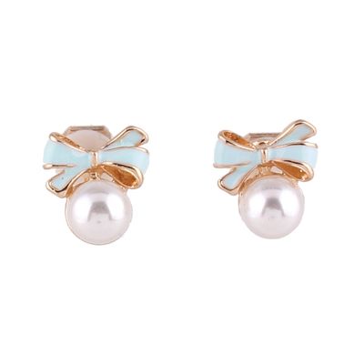 GRACE JUN Gold Plated bow-knot shape Pearl Clip on Earrings No Pierced for Women Ear Clip (Blue)