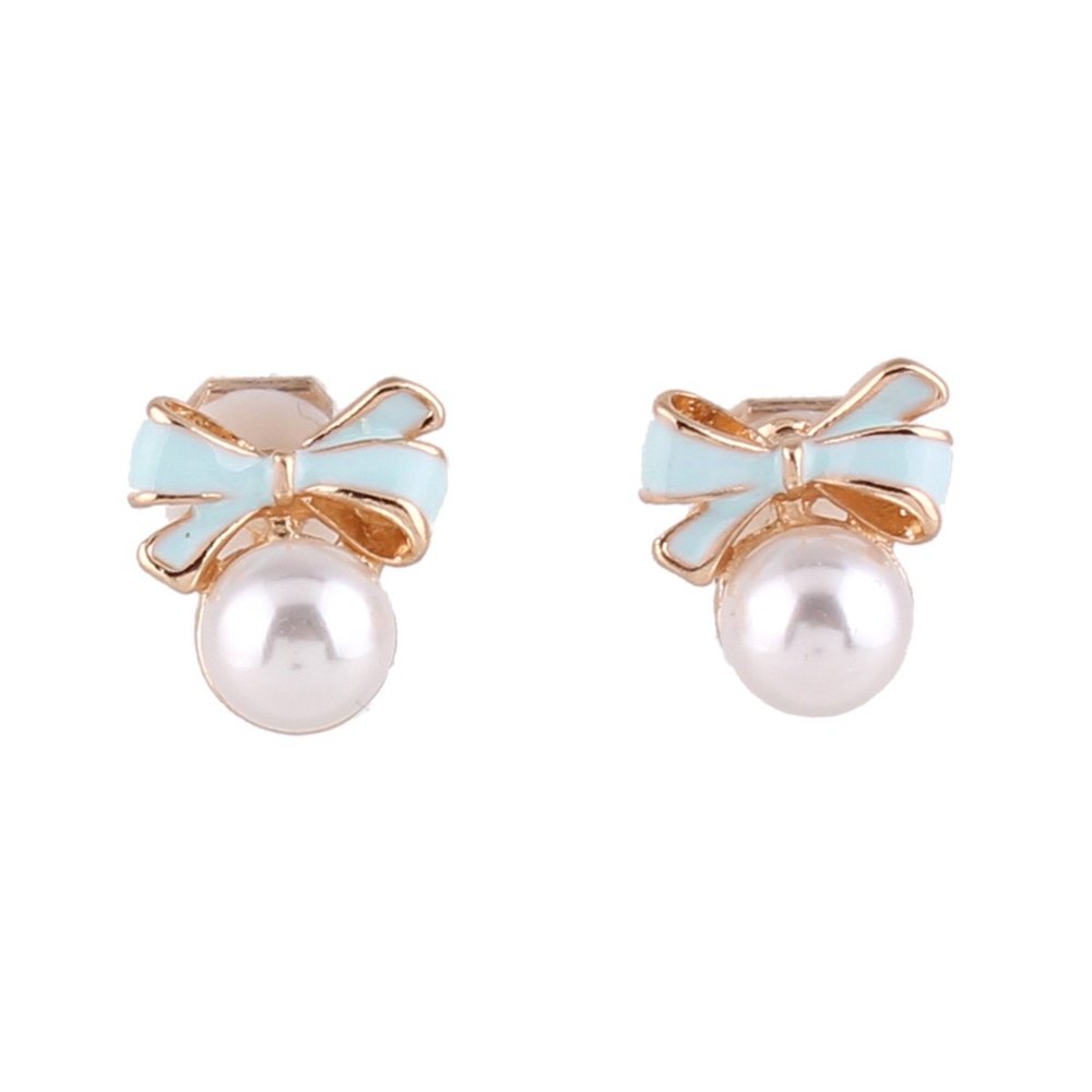 GRACE JUN Gold Plated bow-knot shape Pearl Clip on Earrings No Pierced for Women Ear Clip (Blue)