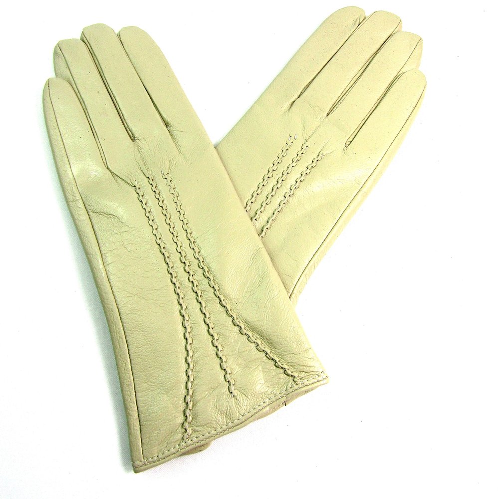 The Leather Emporium Women's Gloves Fur Lined Stripe Detail Slim Fit (Small, Cream)