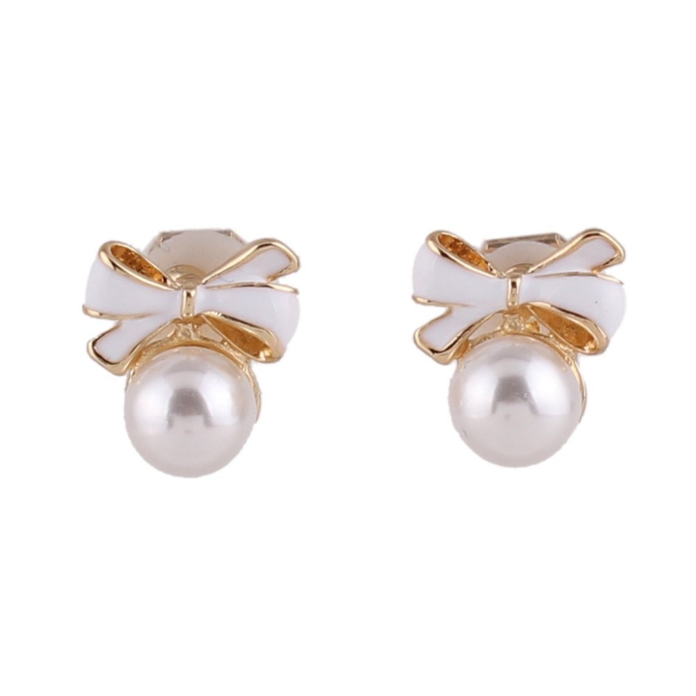 GRACE JUN Gold Plated bow-knot shape Pearl Clip on Earrings No Pierced for Women Ear Clip (White)