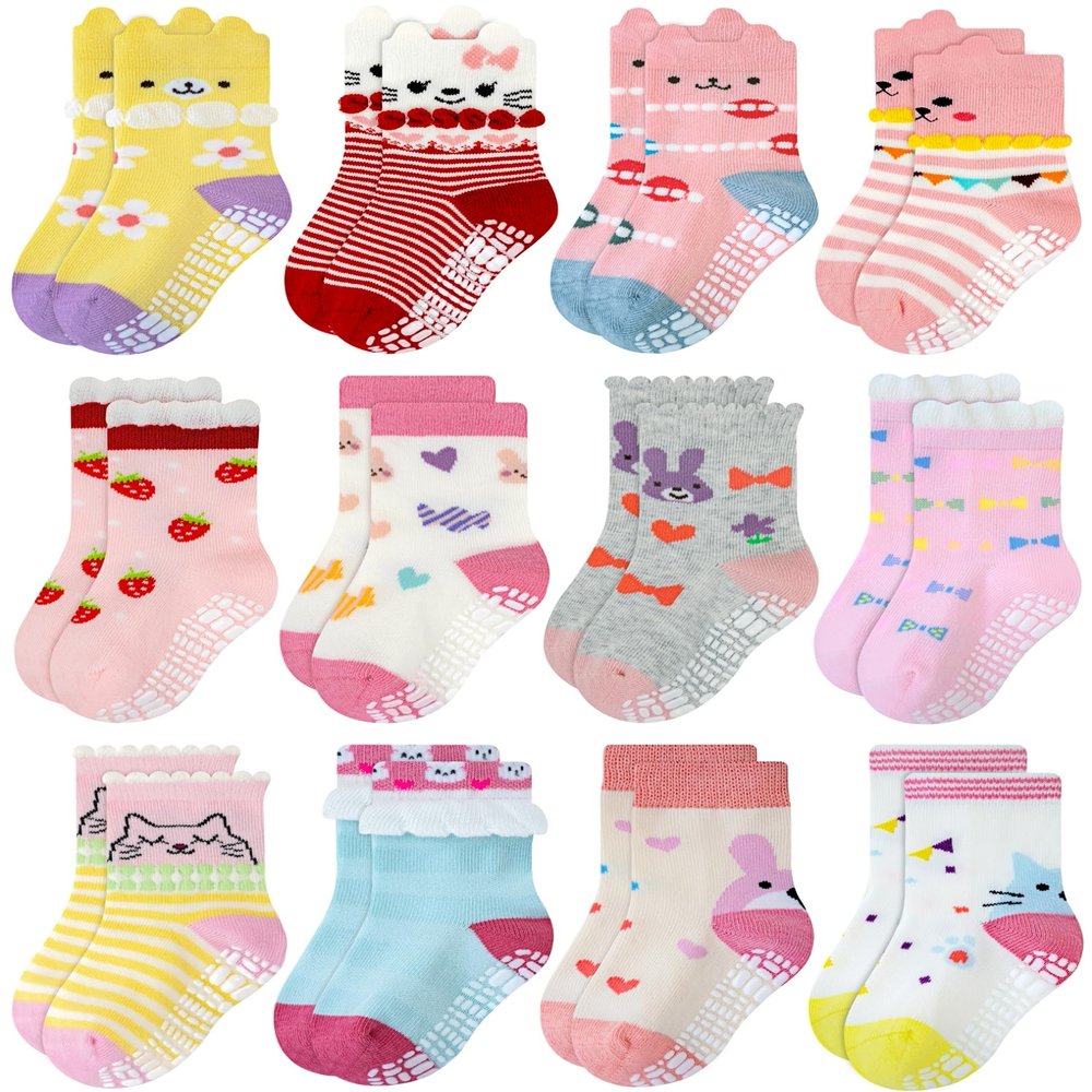 RATIVE Non Skid Anti Slip Cotton Dress Crew Socks With Grips For Baby Infant Toddler Kids Girls (1-3T, 12-pairs/RG-820726)