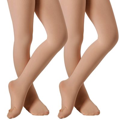 DIPUG Ballet Tights for Girls Dance Tights Toddler Thick Soft Footed Kids Suntan Stockings Size 8 9 10 11 12, 2 Pack