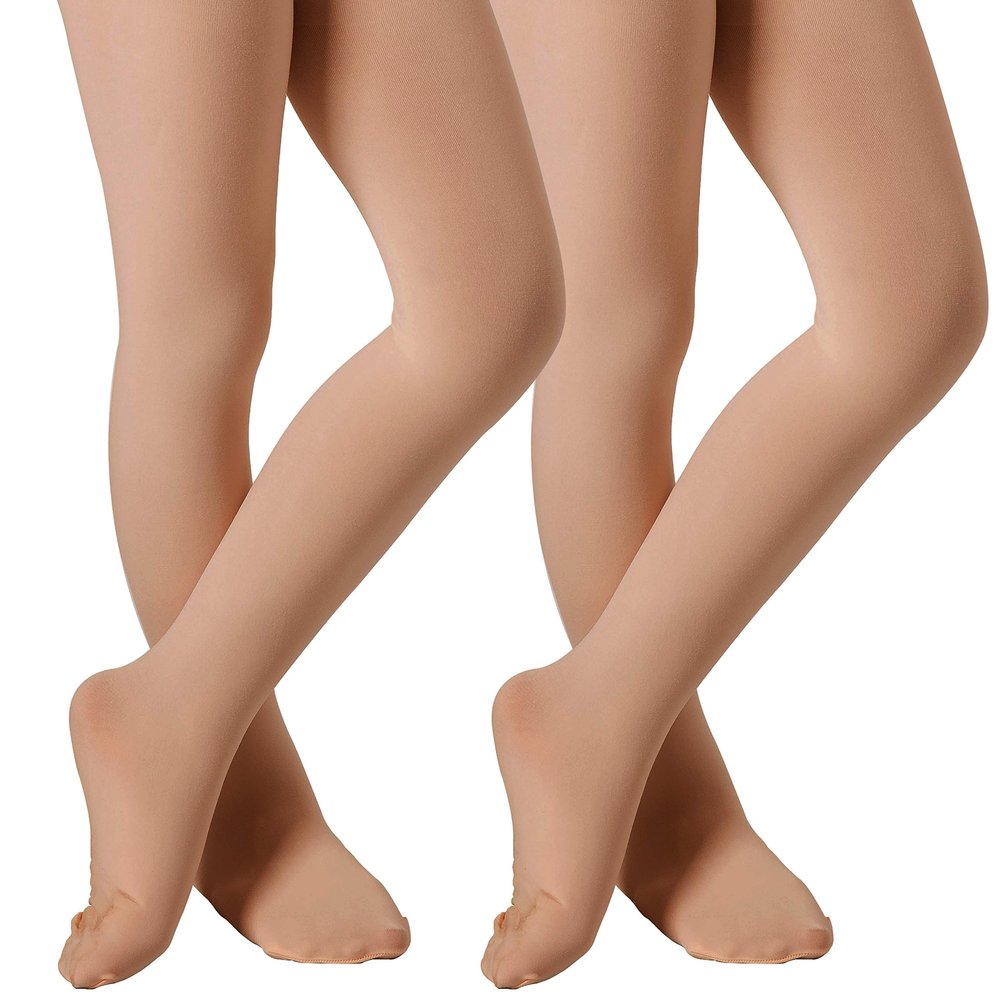 DIPUG Ballet Tights for Girls Dance Tights Toddler Thick Soft Footed Kids Suntan Stockings Size 8 9 10 11 12, 2 Pack