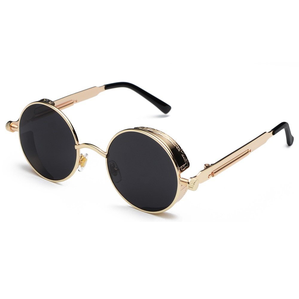 kachawoo Retro Round Sunglasses for Men Gift Women Metal Frame Sun Glasses Steampunk (gold with black)