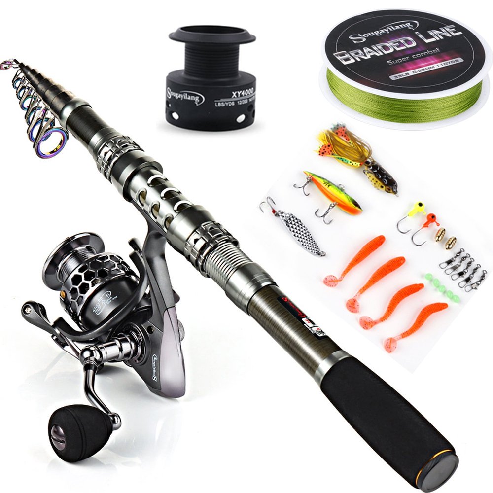 Sougayilang Telescopic Fishing Rod Reel Combos with Carbon Fiber Fishing Pole Spinning Reels and Fishing Accessories for Travel Ocean Saltwater Freshwater Fishing(2.7M/8.86FT)