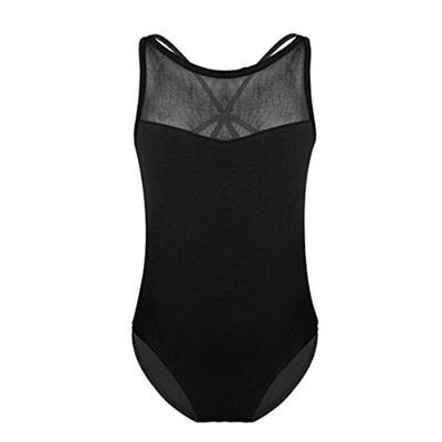 Agoky Girls' Mesh Splice Cross Straps Gymnastics Leotards Ballet Dancing Camisole Dancewear Black 3-4