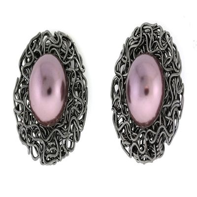 Bold Oval and Round Shape"3 DESIGNS 4 COLORS" Faux Pearl Simulated Rhinestone CLIP ON Earrings (Oxidize Chocolate Round F.Pearl)
