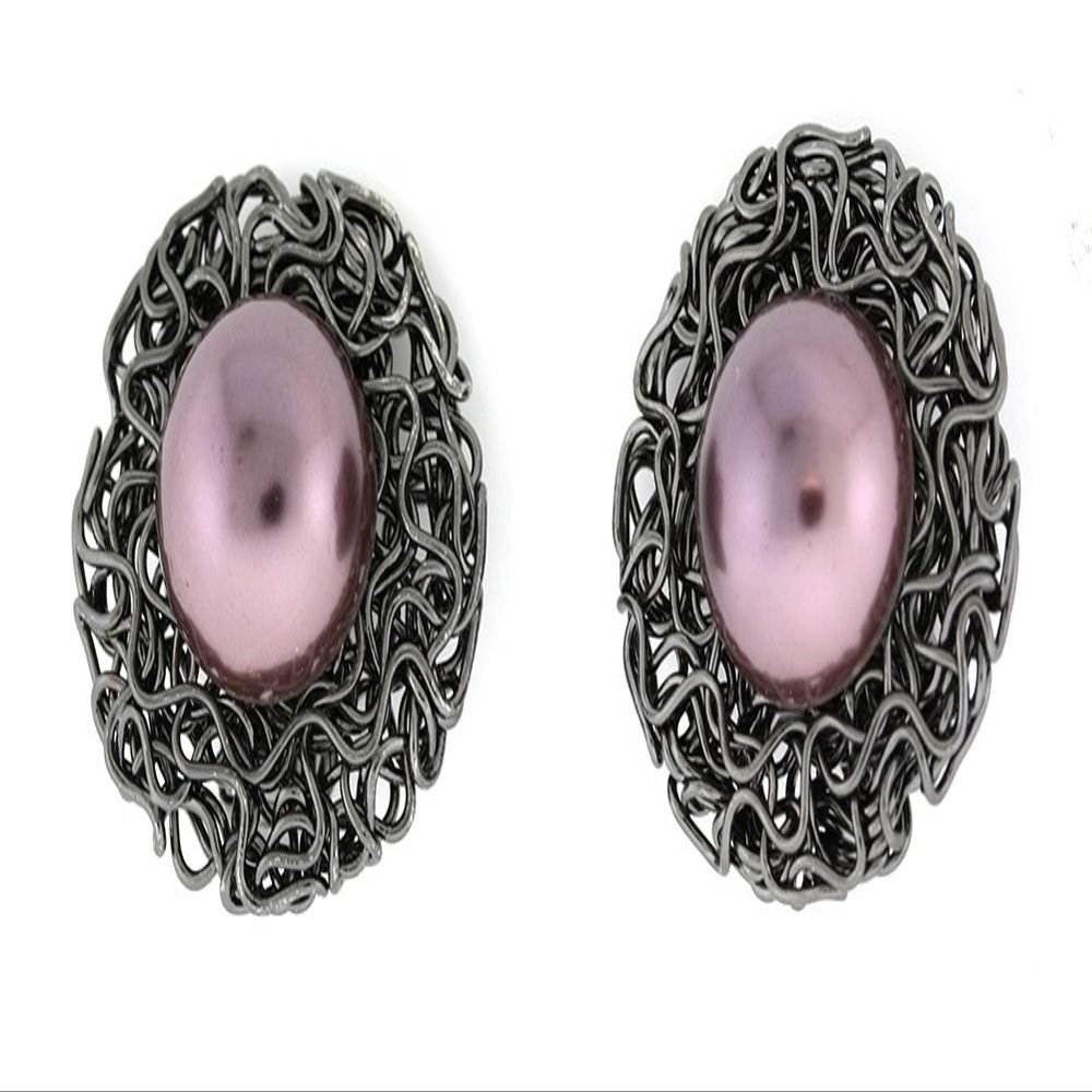 Bold Oval and Round Shape"3 DESIGNS 4 COLORS" Faux Pearl Simulated Rhinestone CLIP ON Earrings (Oxidize Chocolate Round F.Pearl)