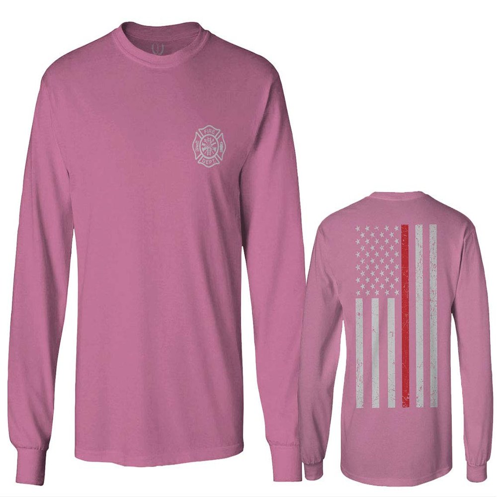 0058. American Flag Thin Red Line Firefighter Support Seal Men's Long Sleeve t Shirt (Pink Small)