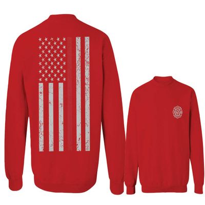 0058. American Flag Thin Red Line Firefighter Support Seal Men's Crewneck Sweatshirt (Red, Large)