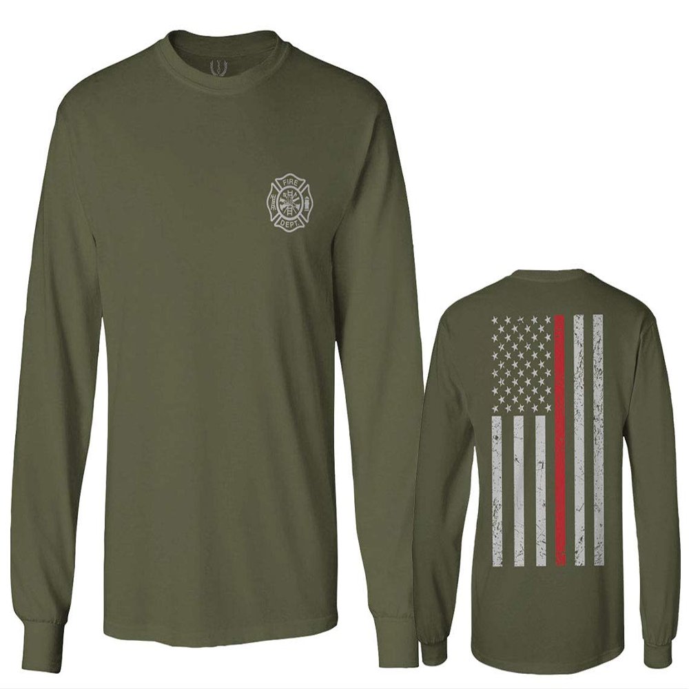0058. American Flag Thin Red Line Firefighter Support Seal Men's Long Sleeve t Shirt (Olive, Small)
