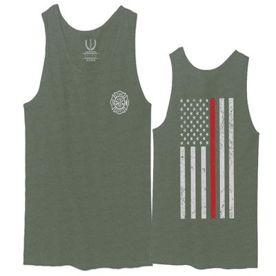 0058. American Flag Thin Red Line Firefighter Support Seal Men's Fitted Tank Top (Olive, X-Large)