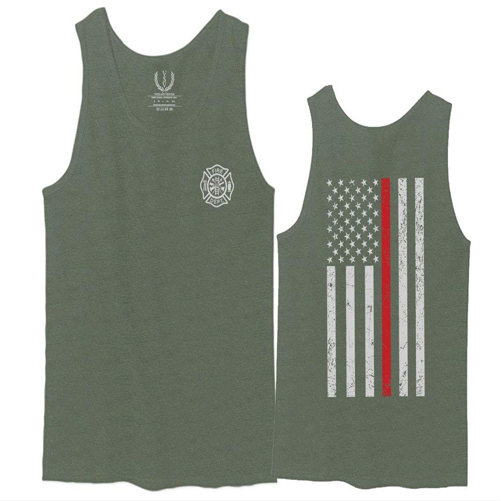 0058. American Flag Thin Red Line Firefighter Support Seal Men's Fitted Tank Top (Olive, X-Large)
