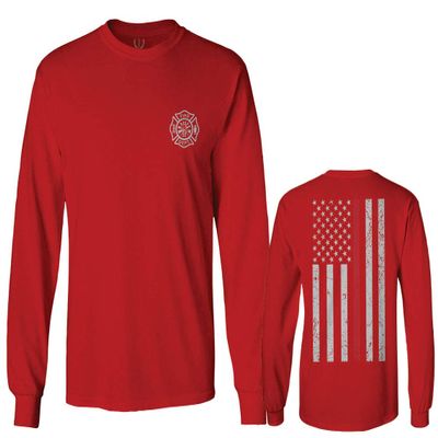 0058. American Flag Thin Red Line Firefighter Support Seal Men's Long Sleeve t Shirt (Red, X-Large)