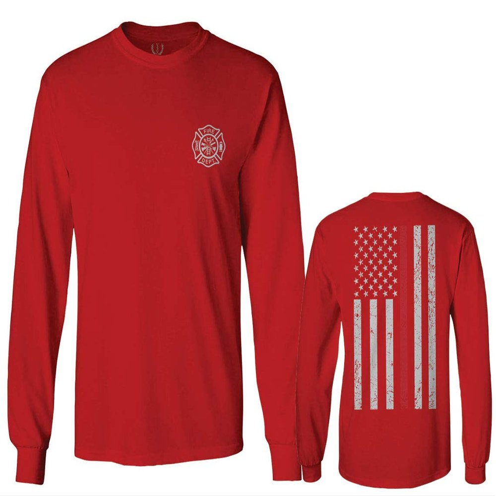 0058. American Flag Thin Red Line Firefighter Support Seal Men's Long Sleeve t Shirt (Red, X-Large)
