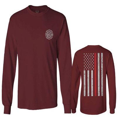 0058. American Flag Thin Red Line Firefighter Support Seal Men's Long Sleeve t Shirt (Maroon X-Large)