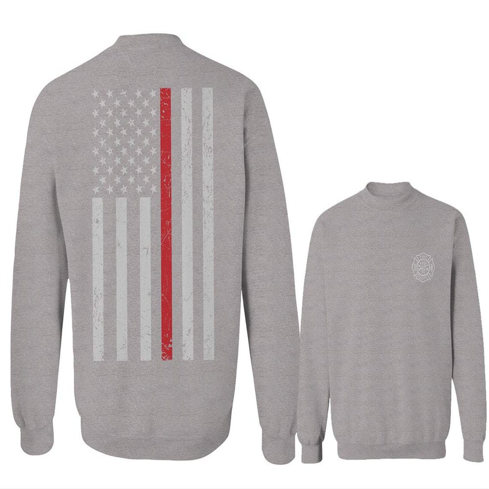 0058. American Flag Thin Red Line Firefighter Support Seal Men's Crewneck Sweatshirt (Light Gray Small)