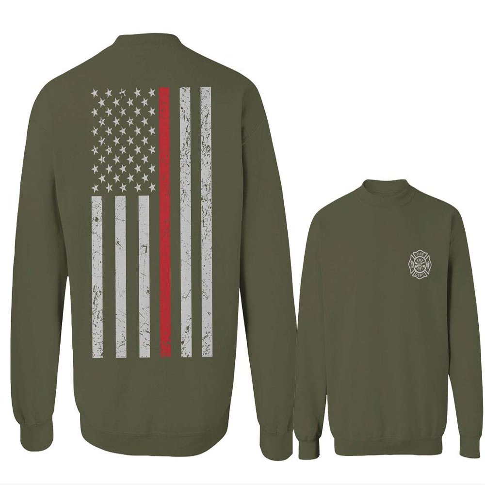 0058. American Flag Thin Red Line Firefighter Support Seal Men's Crewneck Sweatshirt (Olive, Small)