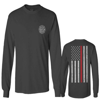 0058. American Flag Thin Red Line Firefighter Support Seal Men's Long Sleeve t Shirt (Characol, Small)