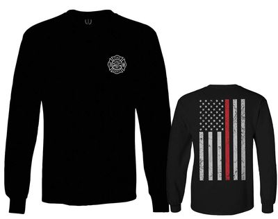 0058. American Flag Thin Red Line Firefighter Support Seal Men's Long Sleeve t Shirt (Black, Medium)