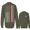 0058. American Flag Thin Red Line Firefighter Support Seal Men's Crewneck Sweatshirt (Olive, Medium)