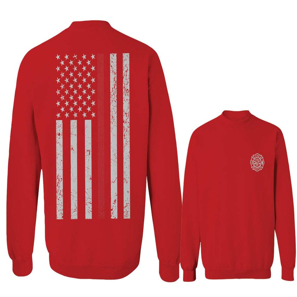 0058. American Flag Thin Red Line Firefighter Support Seal Men's Crewneck Sweatshirt (Red, Small)