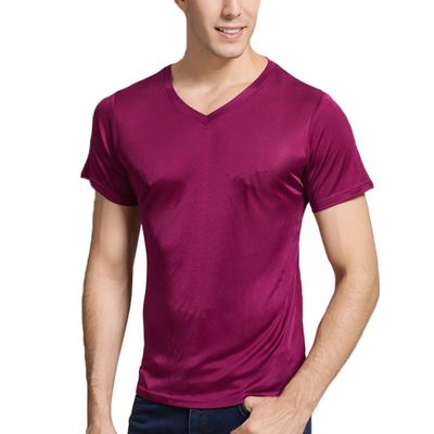 LingDooo Mens Silk T Shirt Soft Undershirt Summer Comfort Breathable Tee Workout Top Casual Sleep Wear No Shrink,Great Gift (S(Tag L), V-Wine)