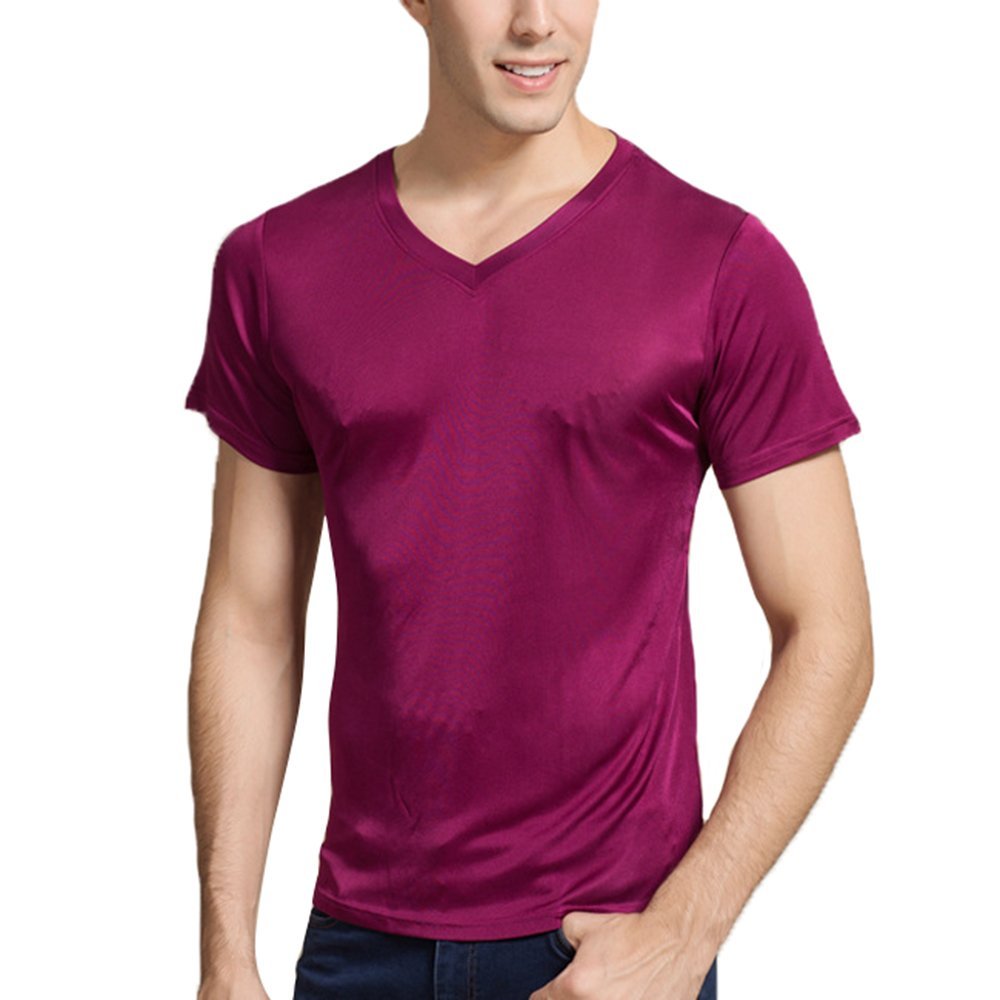 LingDooo Mens Silk T Shirt Soft Undershirt Summer Comfort Breathable Tee Workout Top Casual Sleep Wear No Shrink,Great Gift (S(Tag L), V-Wine)