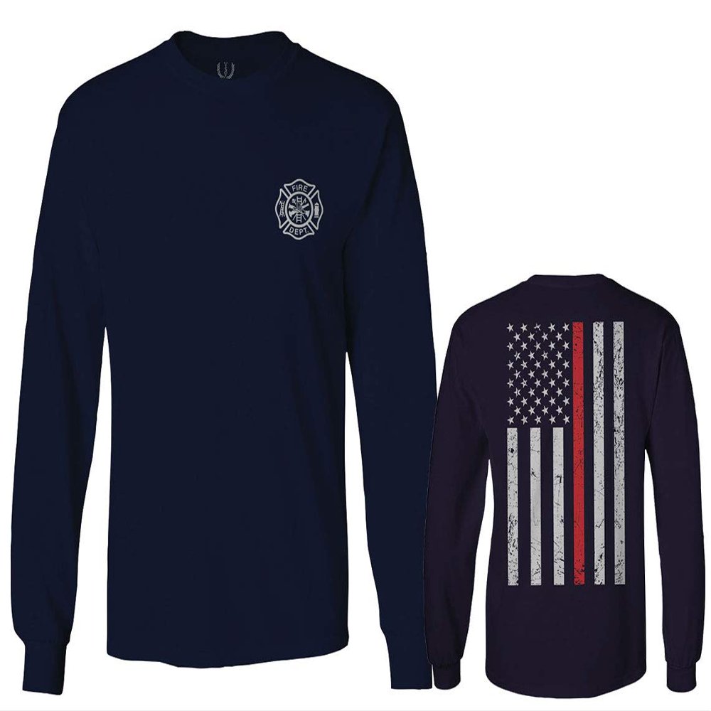 0058. American Flag Thin Red Line Firefighter Support Seal Men's Long Sleeve t Shirt (Characol, 2X Large)