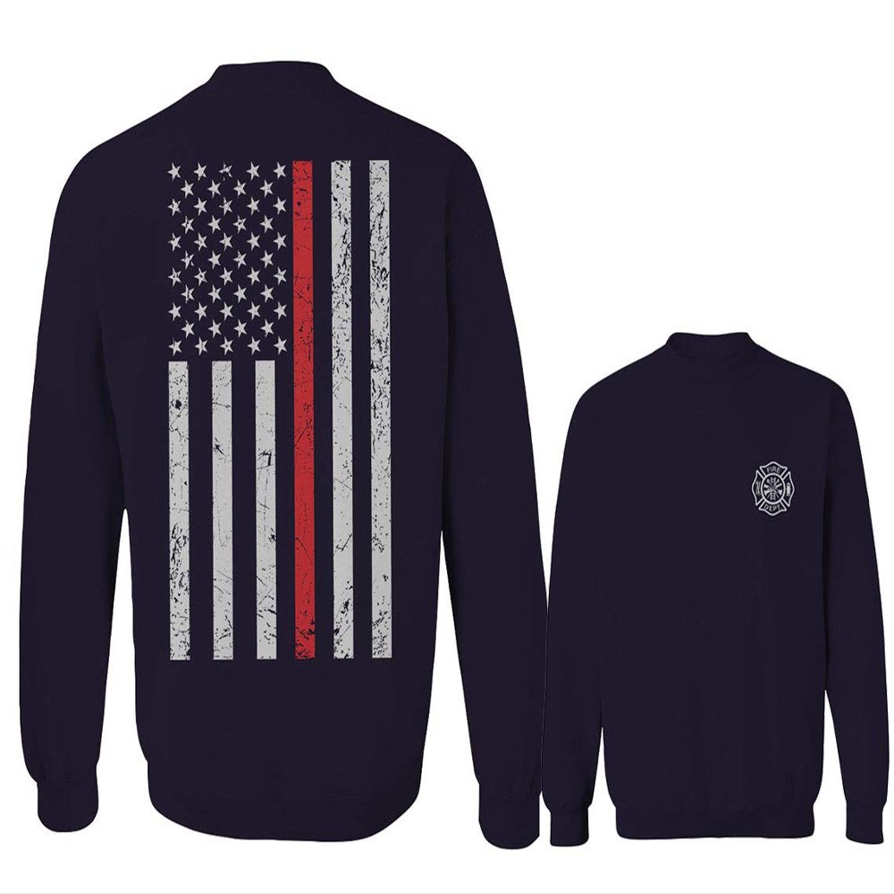 0058. American Flag Thin Red Line Firefighter Support Seal Men's Crewneck Sweatshirt (Navy Small)