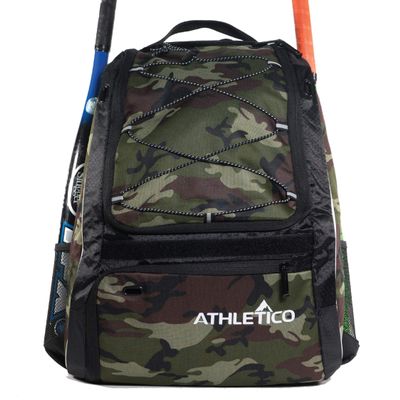 Athletico Baseball Bat Bag - Backpack for Baseball, T-Ball & Softball Equipment & Gear for Youth and Adults | Holds Bat, Helmet, Glove, & Shoes |Shoe Compartment & Fence Hook (Green Camo)