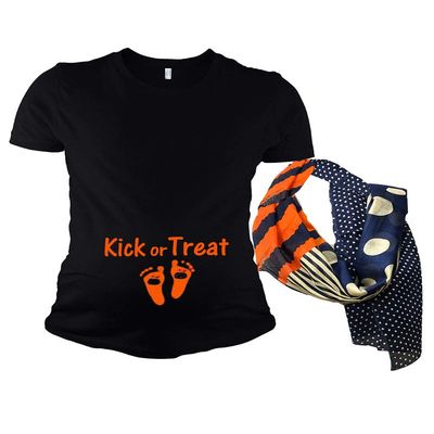 Funny Halloween Pregnancy Tshirt - Kick or Treat (Large, Black)