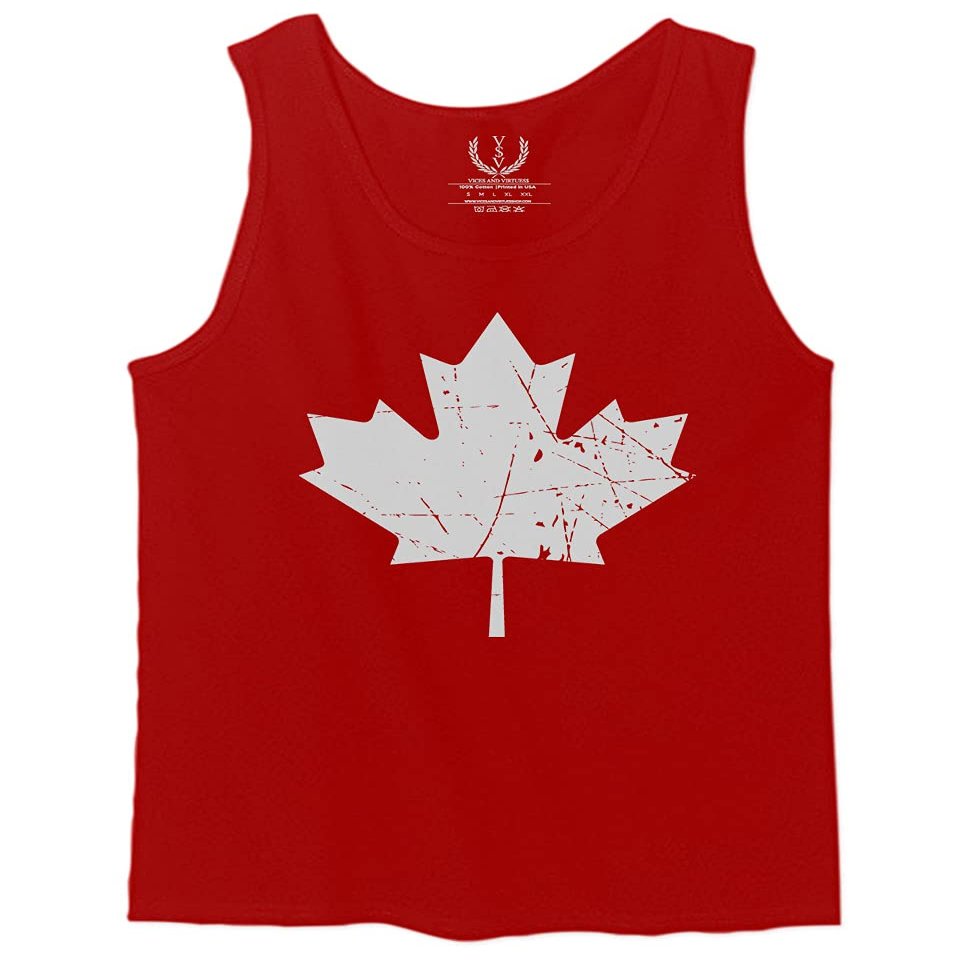 0086. Canada Flag Maple Leaf Canadian Pride Retro Vintage Style Men's Tank Top (Red, Large)