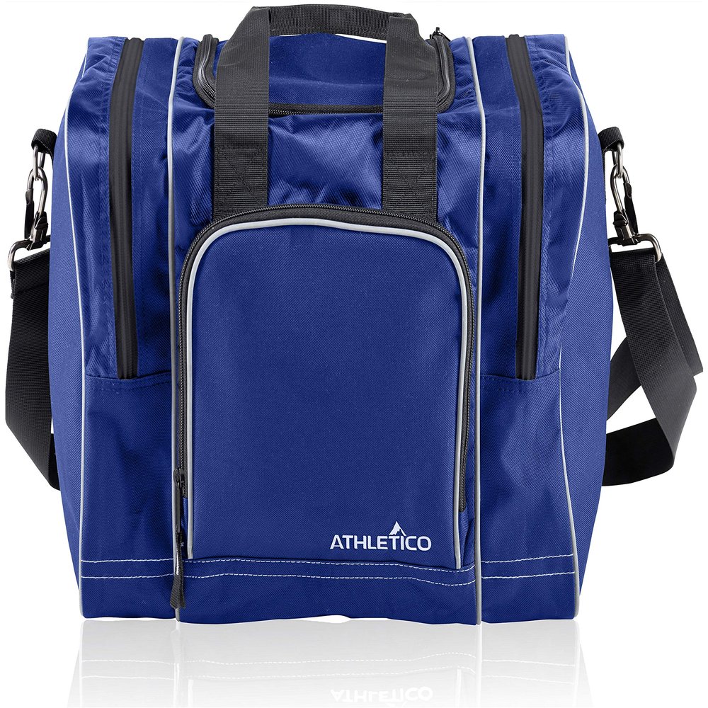Athletico Bowling Bag for Single Ball - Single Ball Tote Bag With Padded Ball Holder - Fits a Single Pair of Bowling Shoes Up to Mens Size 14 (Blue)