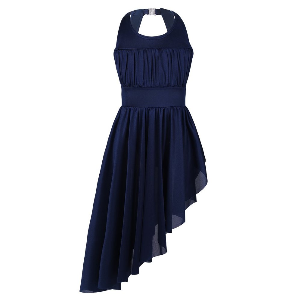 Agoky Girls Back Clasp Irregular Hem Halter Ballet Dancewear Gymnastics Leotard Tutu Dress Navy Blue 3-4