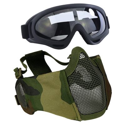 AOUTACC Airsoft Protective Gear Set, Half Face Mesh Mask with Ear Protection and Tactical Goggles for Adult Men Women BBS Paintball Shooting CS Survival Games Cosplay (Camo)