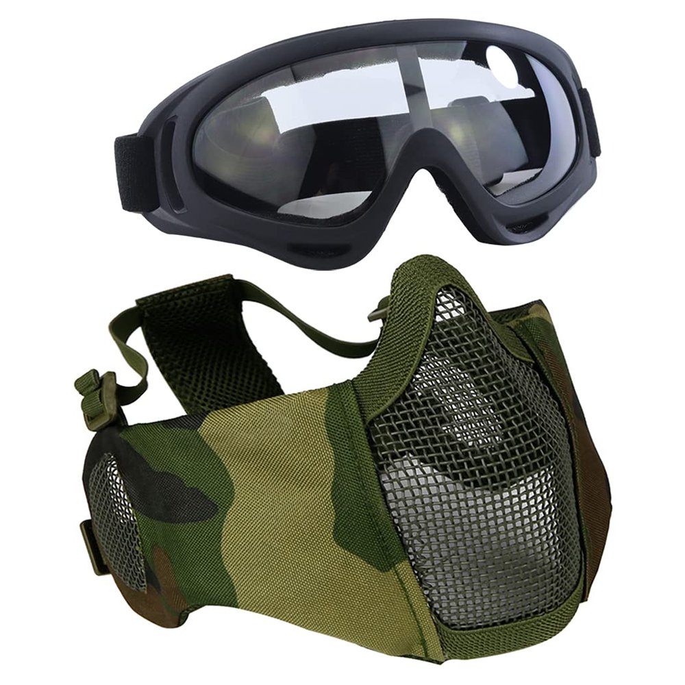 AOUTACC Airsoft Protective Gear Set, Half Face Mesh Mask with Ear Protection and Tactical Goggles for Adult Men Women BBS Paintball Shooting CS Survival Games Cosplay (Camo)