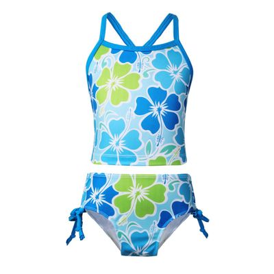 FEESHOW Big Girls Youth Tie-Dye Two Piece Tankini Swimsuit Halter Bathing Suit Tank Top with Triangle Brefs Blue Floral 3