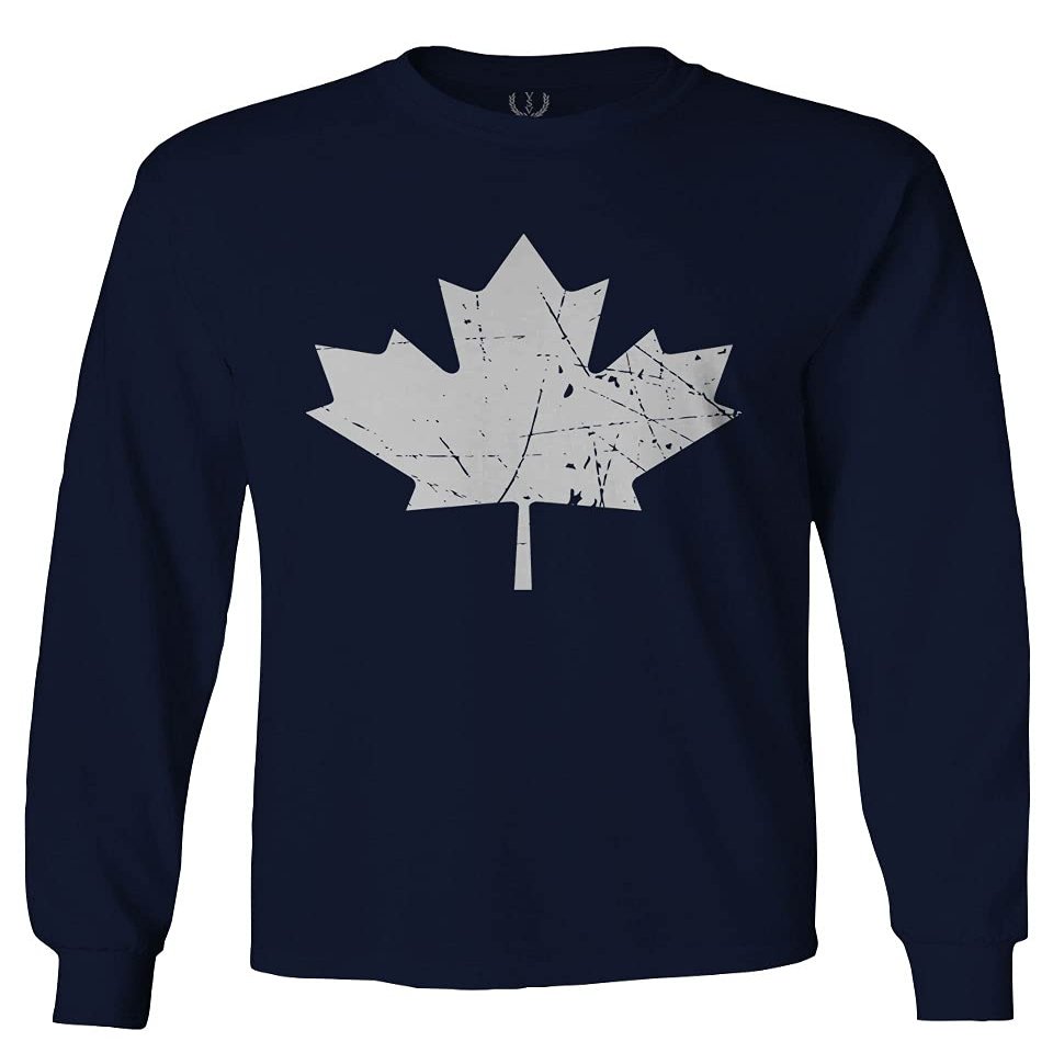 0086. Canada Flag Maple Leaf Canadian Pride Retro Vintage Style Men's Long Sleeve t Shirt (Characol, 2X Large)