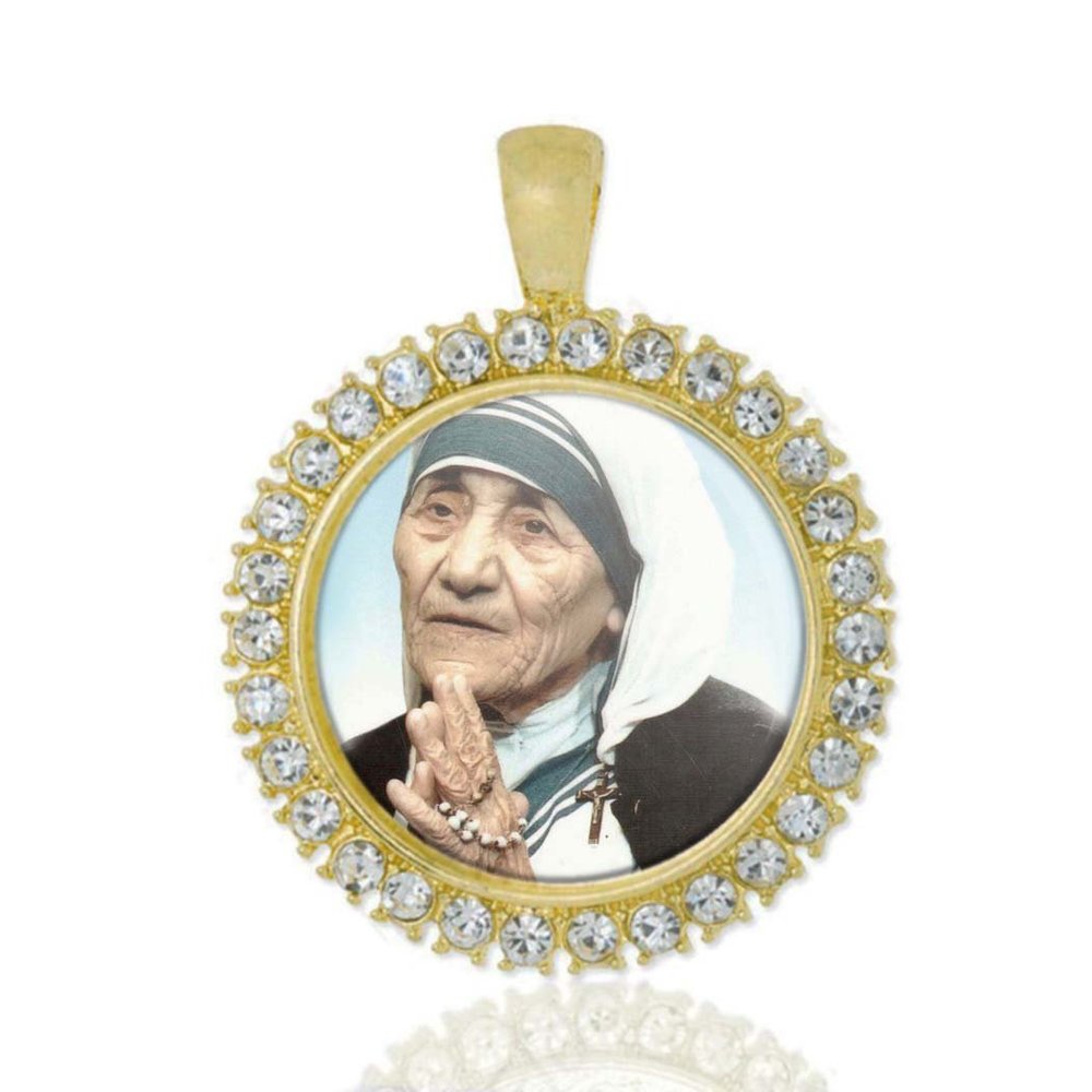 Realig Mother Teresa Christian Round Medal Gold Tone Pendant with Rhinestones