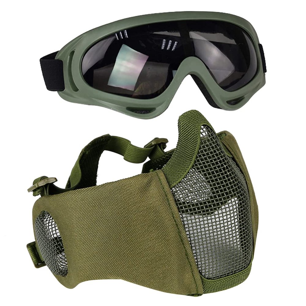 AOUTACC Airsoft Protective Gear Set, Half Face Mesh Mask with Ear Protection and Tactical Goggles for Adult Men Women BBS Paintball Shooting CS Survival Games Cosplay (Green)