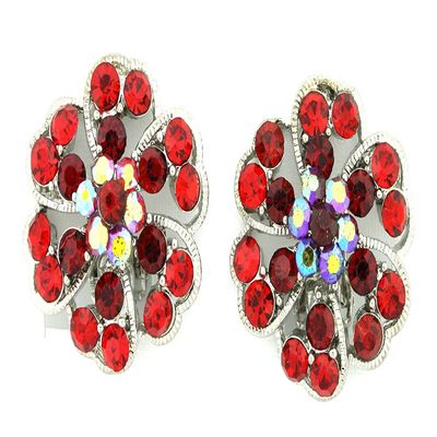 Silver-tone,Simulated Rhinestone Flower Cluster Clip-On Earrings (Red Heart Shape Flower)
