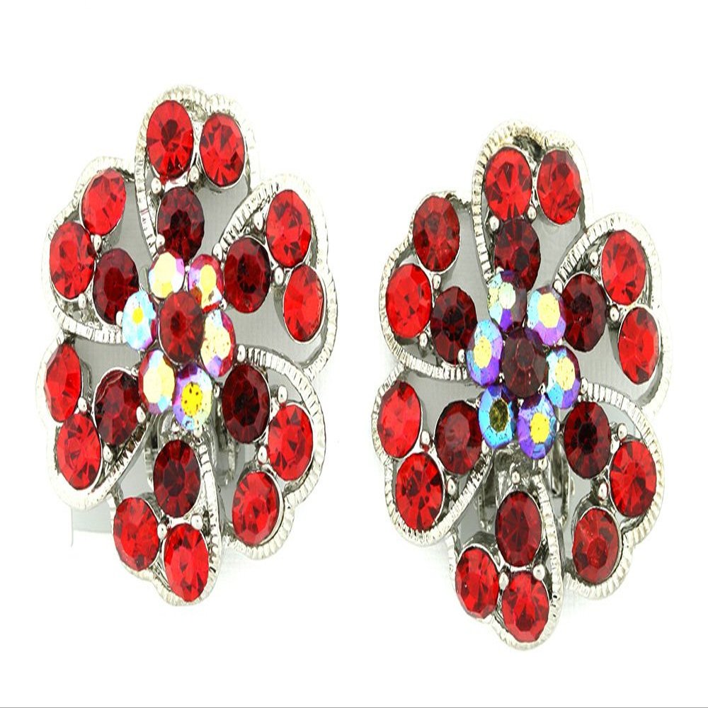 Silver-tone,Simulated Rhinestone Flower Cluster Clip-On Earrings (Red Heart Shape Flower)