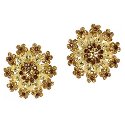 Gold-tone,Simulated Rhinestone Flower Cluster Clip-On Earrings (Champagne Flower Bunch)