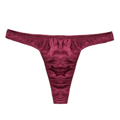 FEESHOW Men's Sexy Satin Bikini Briefs Ruffled Low Rise Underwear G-String Thongs Wine Red Large (waist 29.0-43.0")
