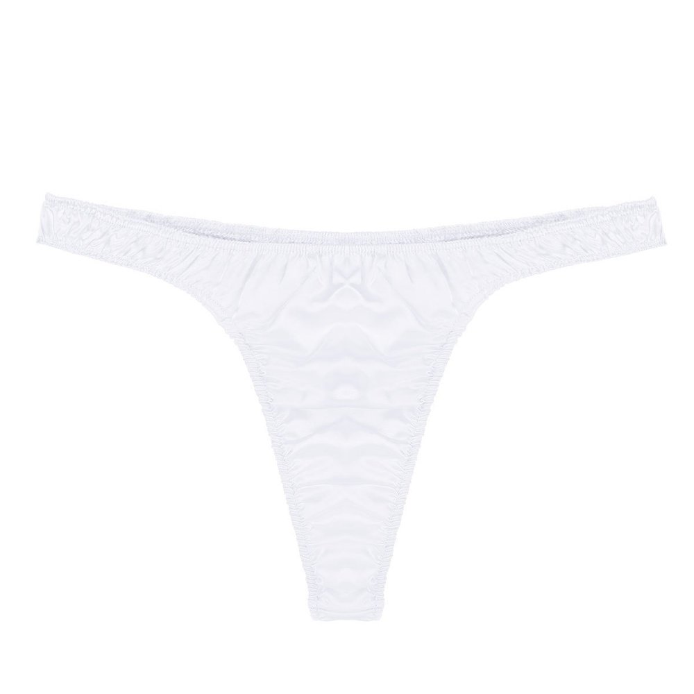 FEESHOW Men's Sexy Satin Bikini Briefs Ruffled Low Rise Underwear G-String Thongs White X-Large (waist 31.5-46.0")