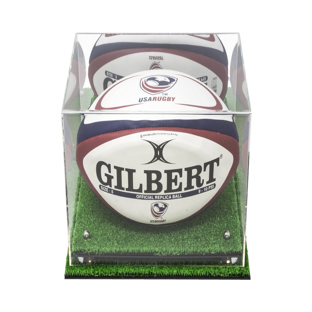 Better Display Cases Acrylic Rugby Ball Display Case Mirror, Silver Risers Turf Base (A004-MSRTB)