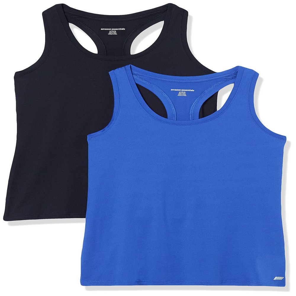 Amazon Essentials Women's Active Workout Quick Dry Tech Stretch Racerback Tank Top (Available in Plus Size), Pack of 2, Bright Blue/Black, XX-Large