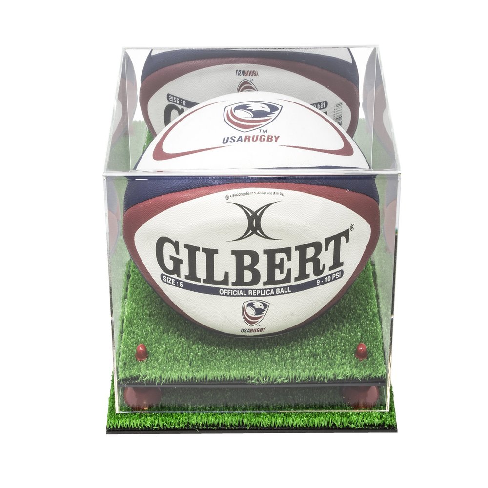 Better Display Cases Acrylic Rugby Ball Display Case Mirror, Red Risers Turf Base (A004-MRRTB)